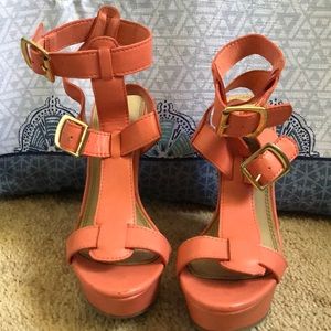 Coral Pink strappy wedge platforms gold buckles